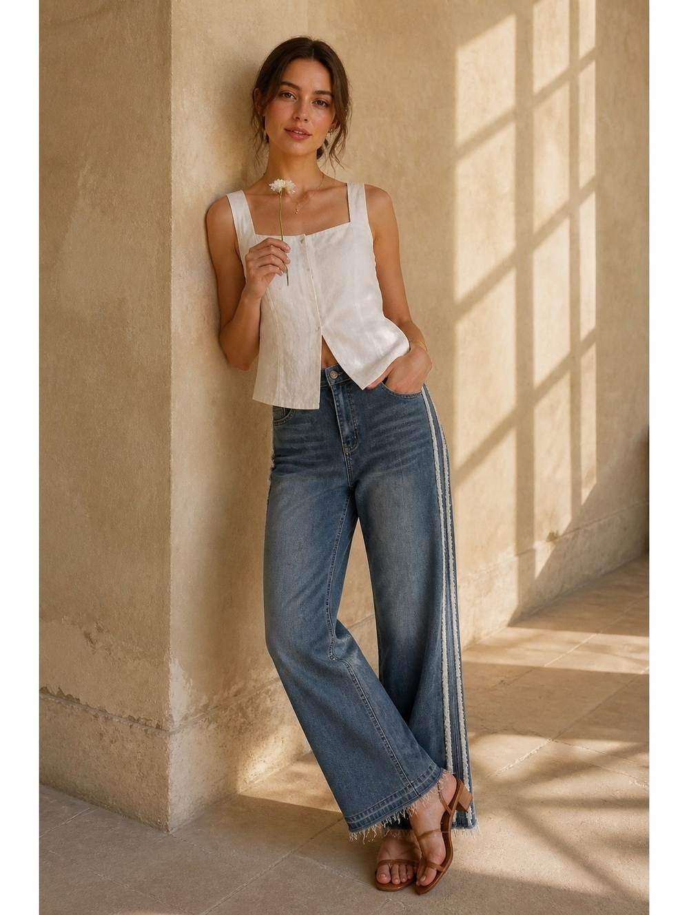 Celine Paris -Replica- Wide-Leg Denim Jeans with Tuxedo Frayed Side Trim Size M